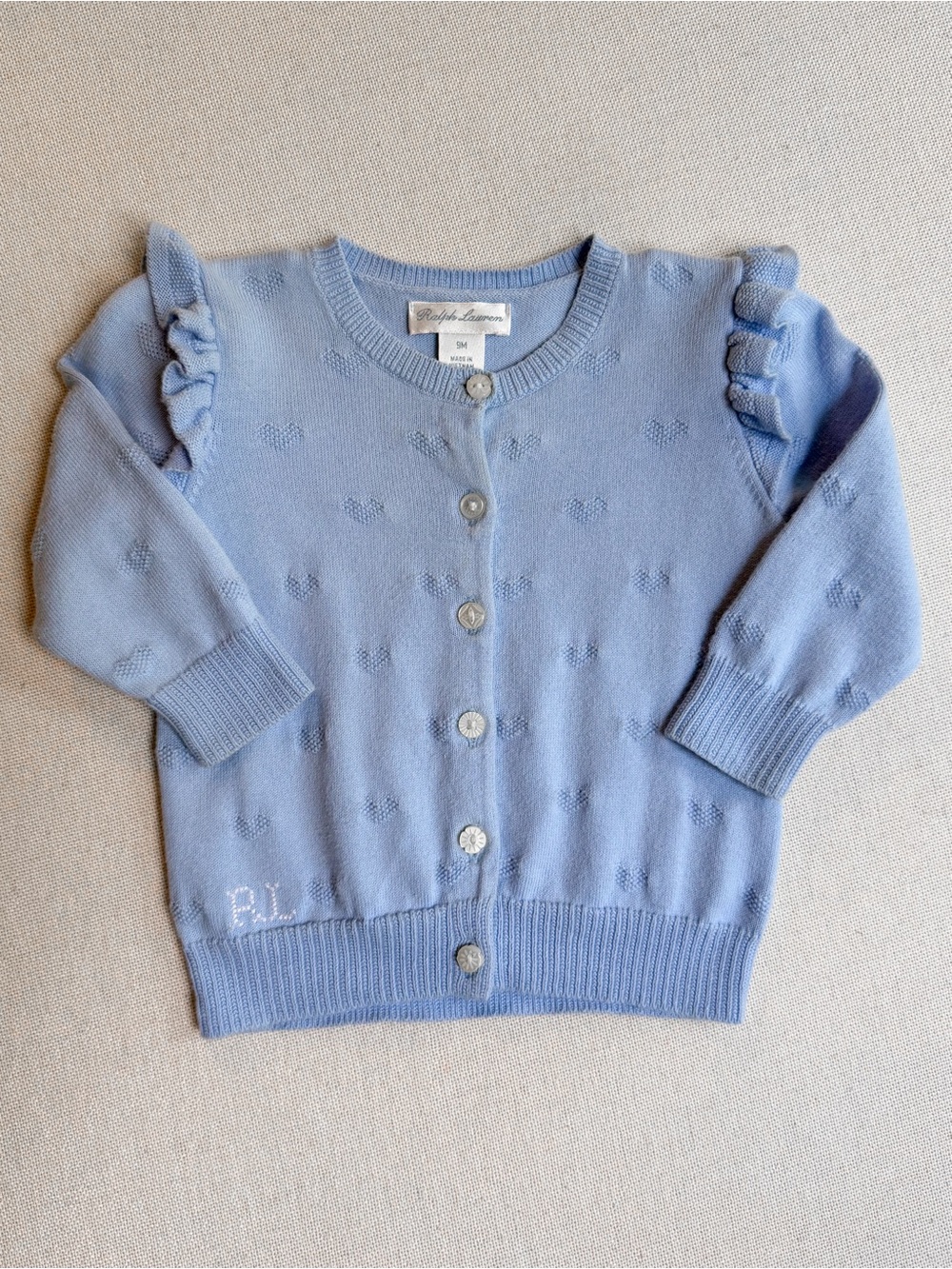 Ralph Lauren Heart Ruffle Cotton Cardigan Sweater Blue 9M